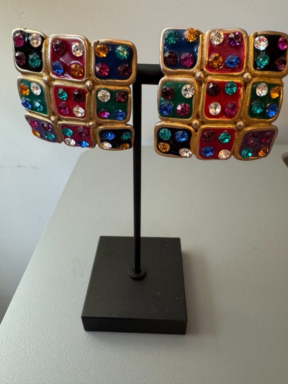 Vintage Signed Don-Lin Rhinestone Grid Enamel Clip-On Earrings 1980s Runway